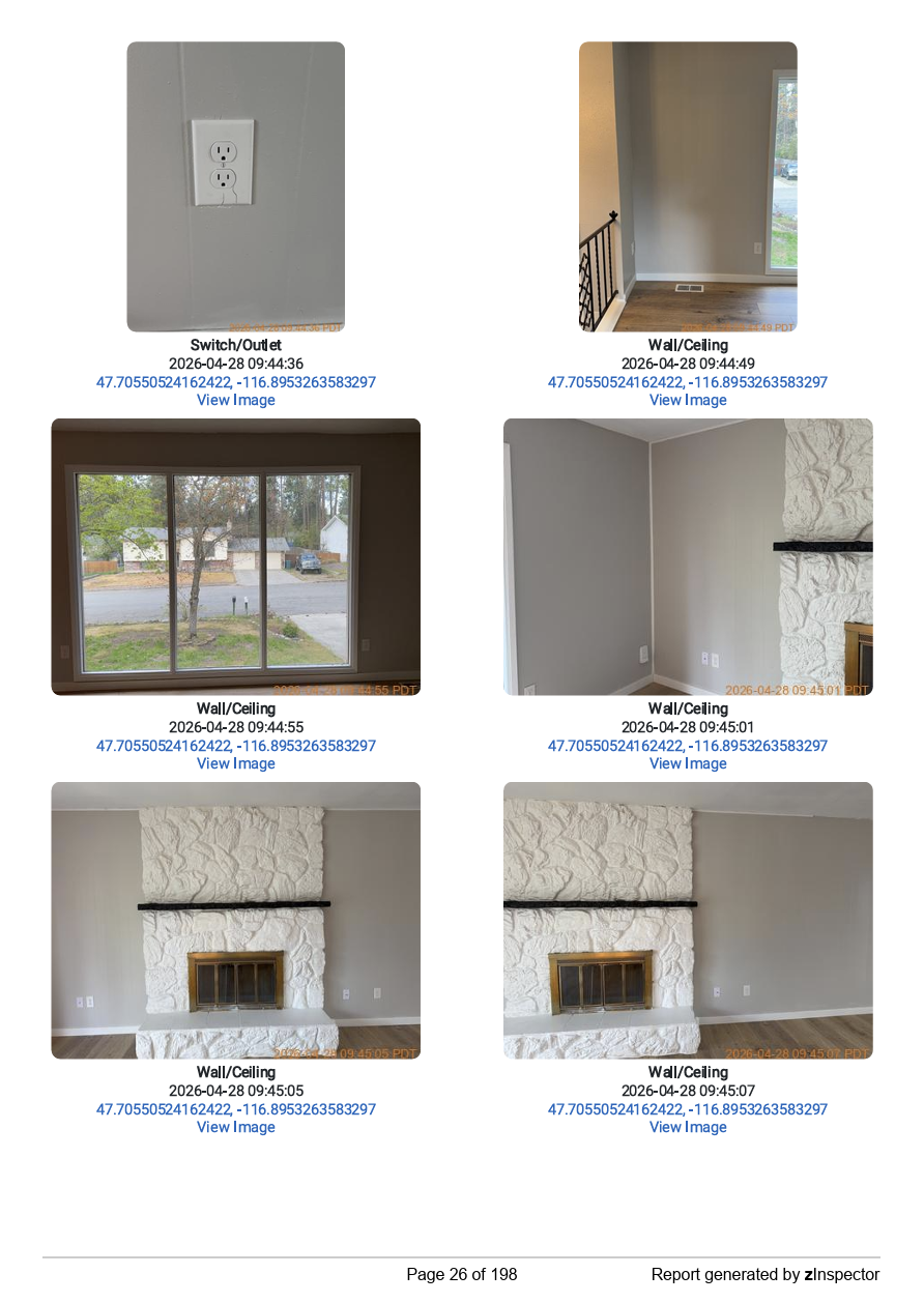 Page from a property condition report showing detailed photos with embedded date/time stamps and latitude/longitude metadata, providing irrefutable proof of property condition at the moment of inspection