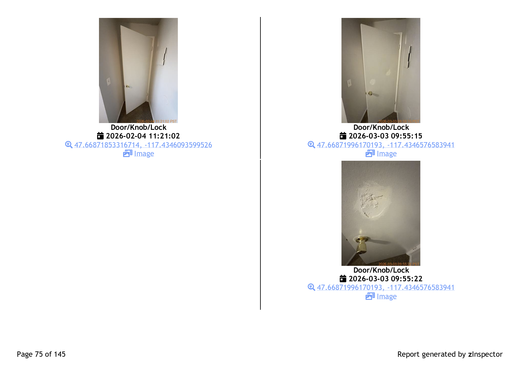 Combined move-in and move-out comparison page from an Atlas report showing the same area at move-in (no damage) and at move-out (clear damage to a door), providing direct evidence to support a tenant charge