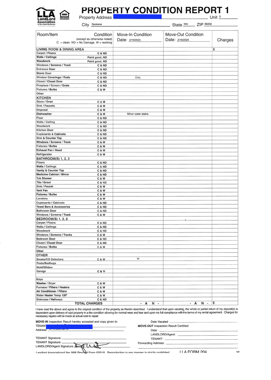 An industry-standard digital condition report from a competitor showing no notes, no photos, and missing signatures — the type of report Atlas regularly inherits when taking over management