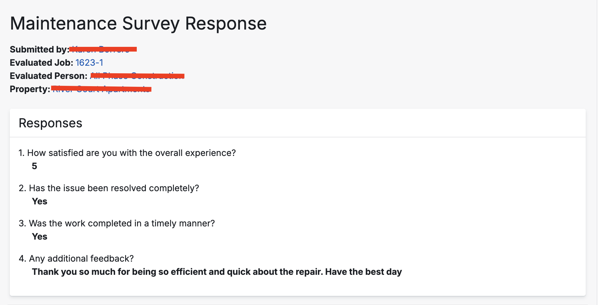 Five-star maintenance survey response from a tenant thanking Atlas for how quickly the issue was handled
