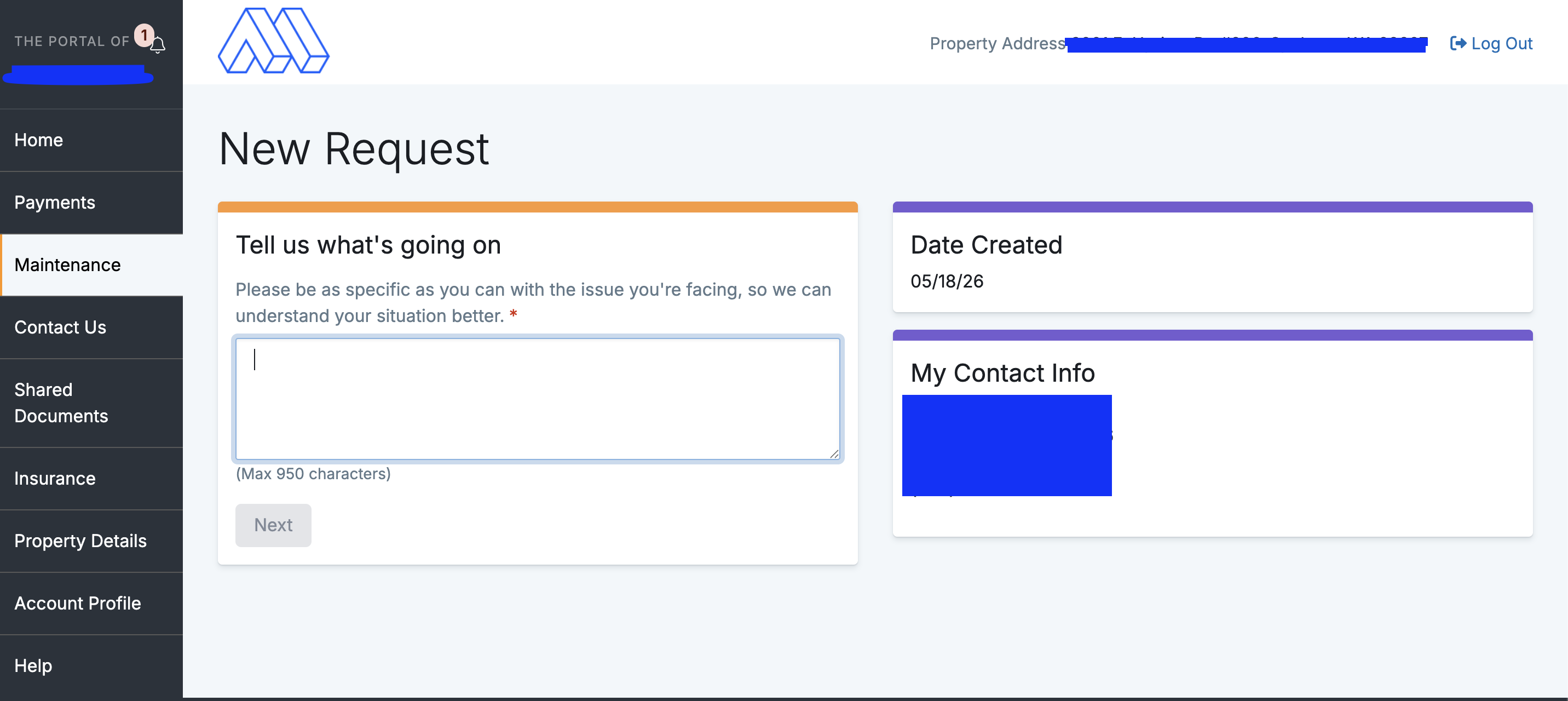Tenant portal screenshot showing the work order submission form, with fields for issue description, photo upload, and tenant availability windows