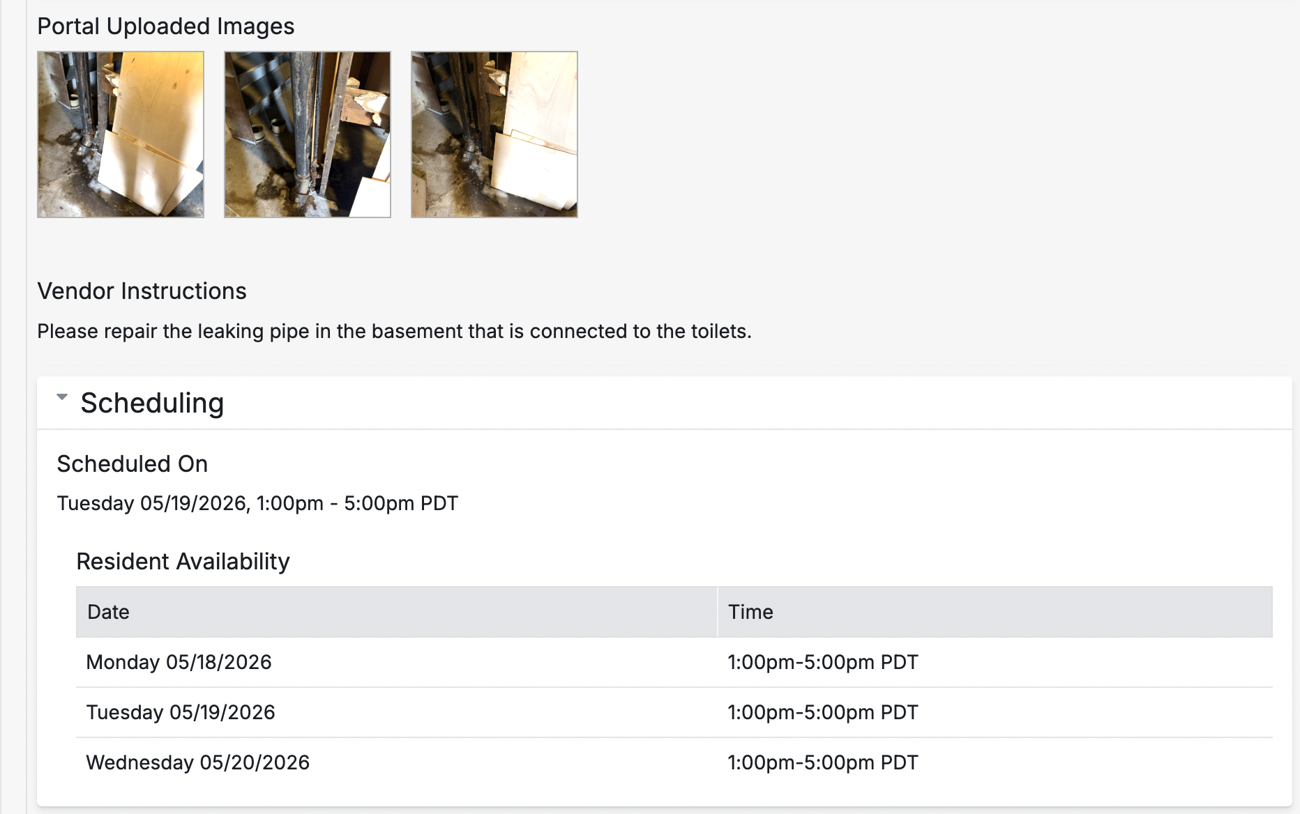 AppFolio back-office view showing a work order assigned to a vendor with scheduling and communication thread between the vendor and tenant