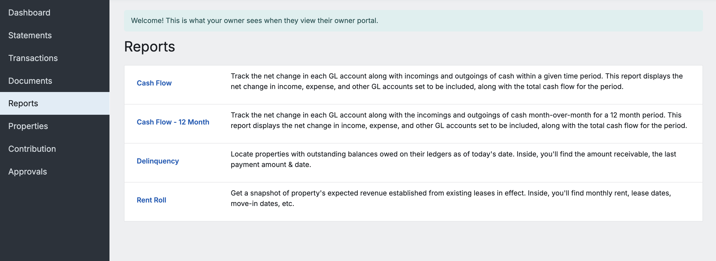 Reports page on the owner dashboard showing on-demand options including Cash Flow, Cash Flow 12 Month, Delinquency, and Rent Roll — each report can be customized and downloaded as PDF, Excel, or CSV
