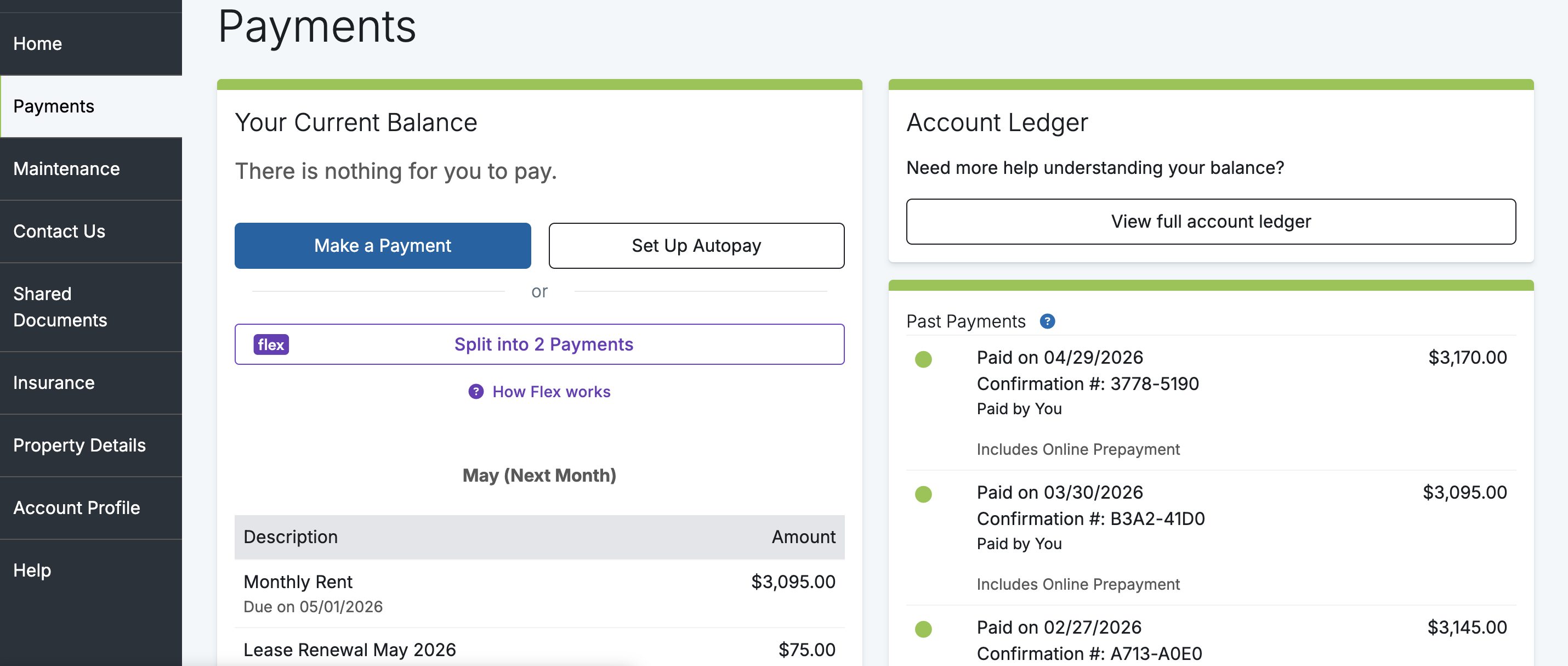 Tenant dashboard view in our tenant app showing online rent payment options and payment history — online rent collection is pivotal for landlords in today's rental market