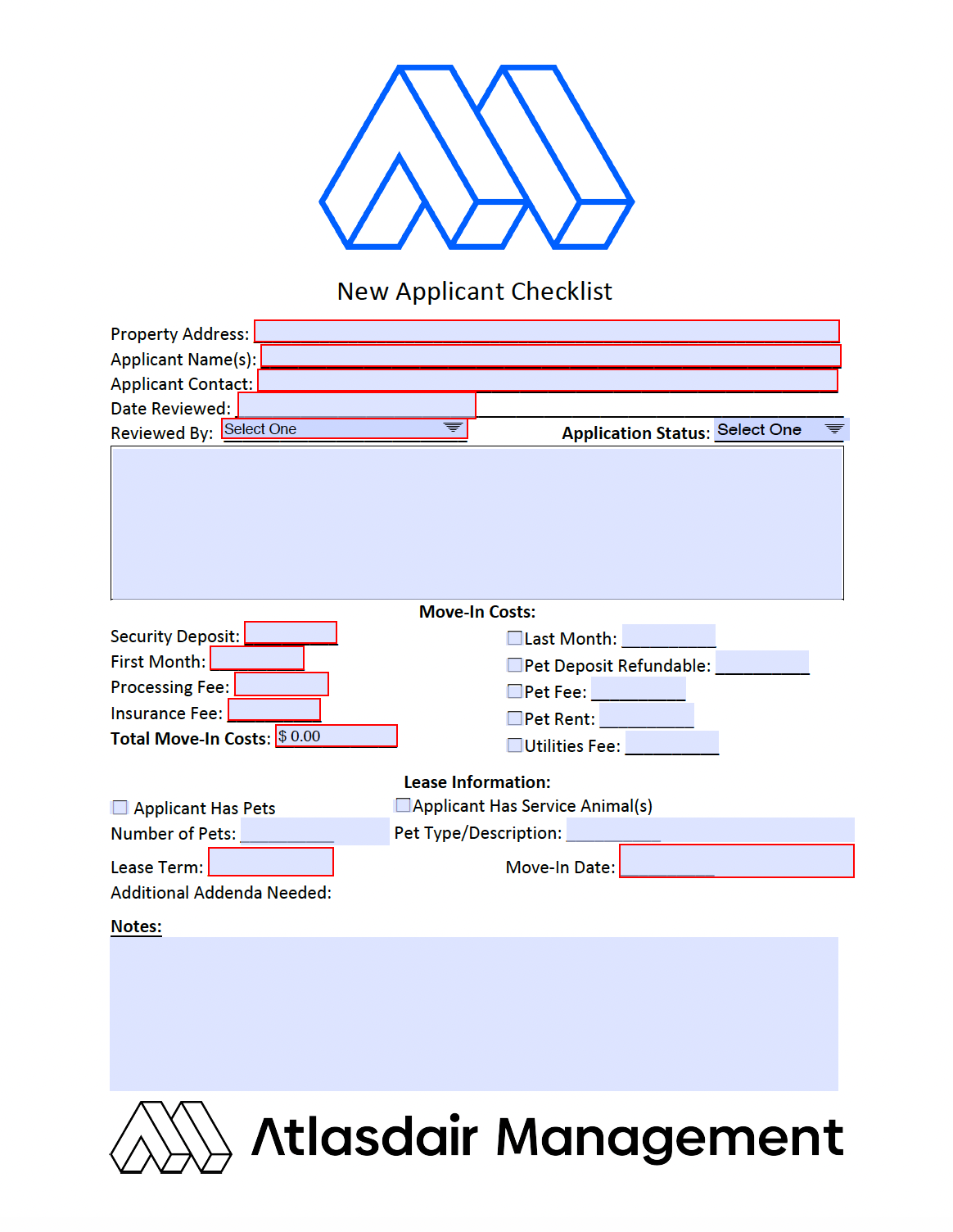 Internal applicant review form Atlasdair uses to manually score and document every screening file before an approval or denial decision is made